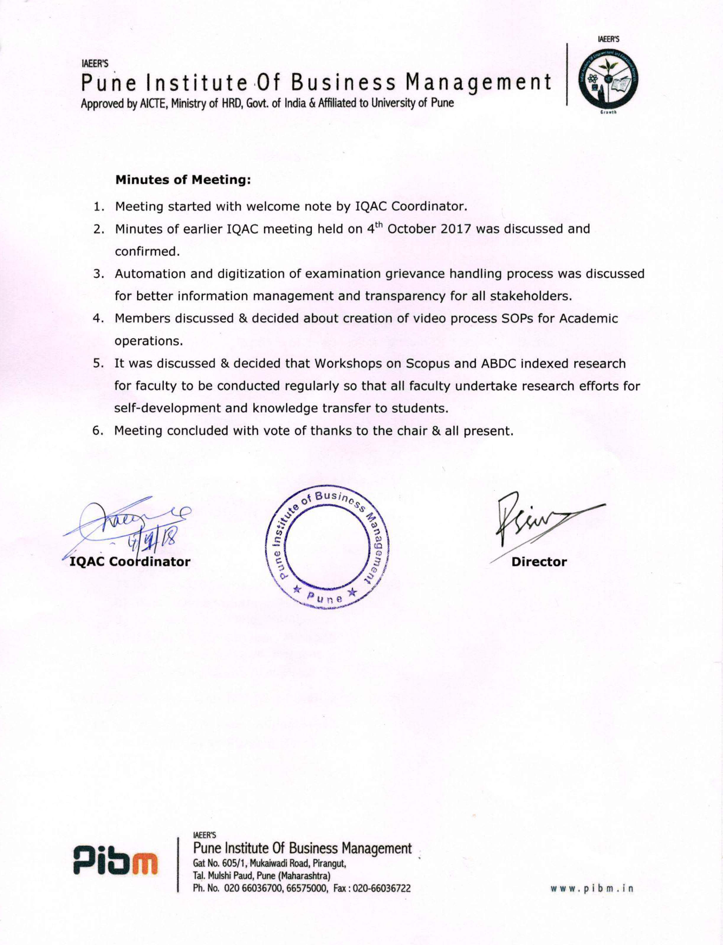 IQAC Minutes Of Meeting Q1 Jan 2018